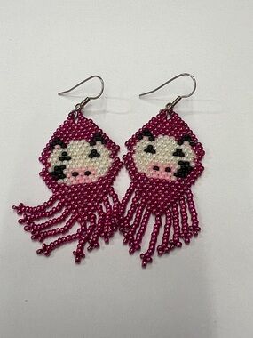 Handmade Beaded Cow Face Fringe Earrings - Hot Magenta Pink